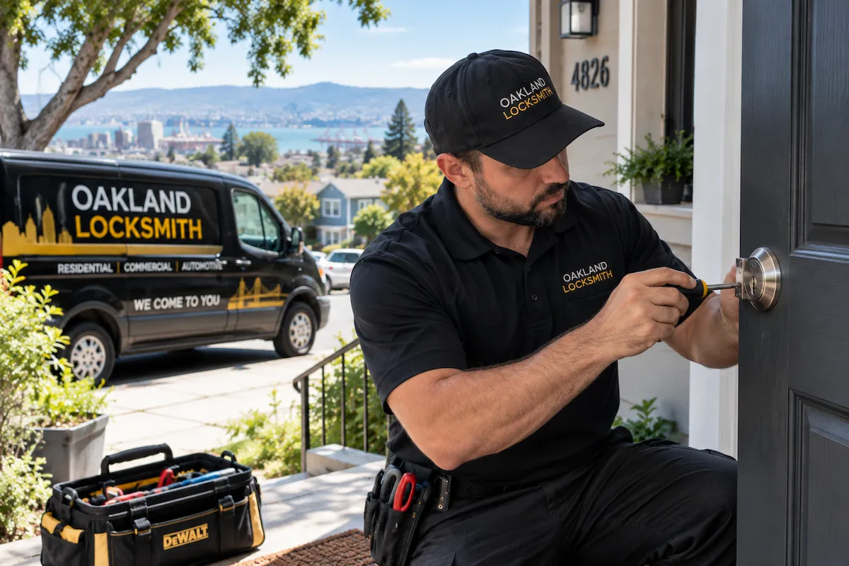 Residential locksmith working on a home door lock in Oakland CA