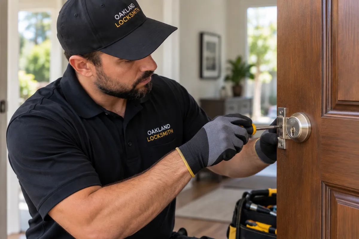 Locksmith repairing a residential deadbolt in Oakland CA