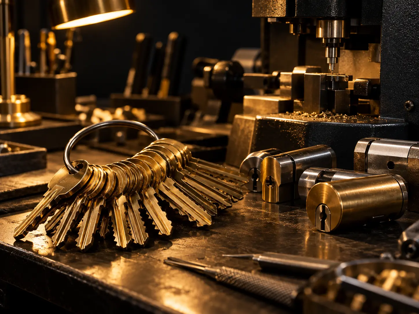 Locksmith workbench with a master key ring, key machine and lock cylinders