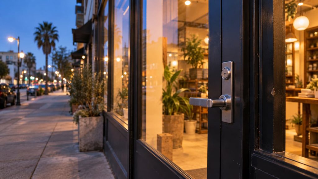 Secure commercial storefront door lock in Oakland, CA at dusk