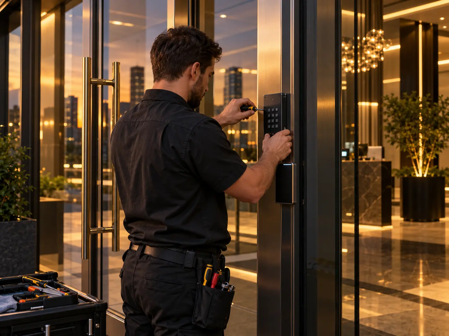 Locksmith installing an access control keypad at an Oakland office entrance