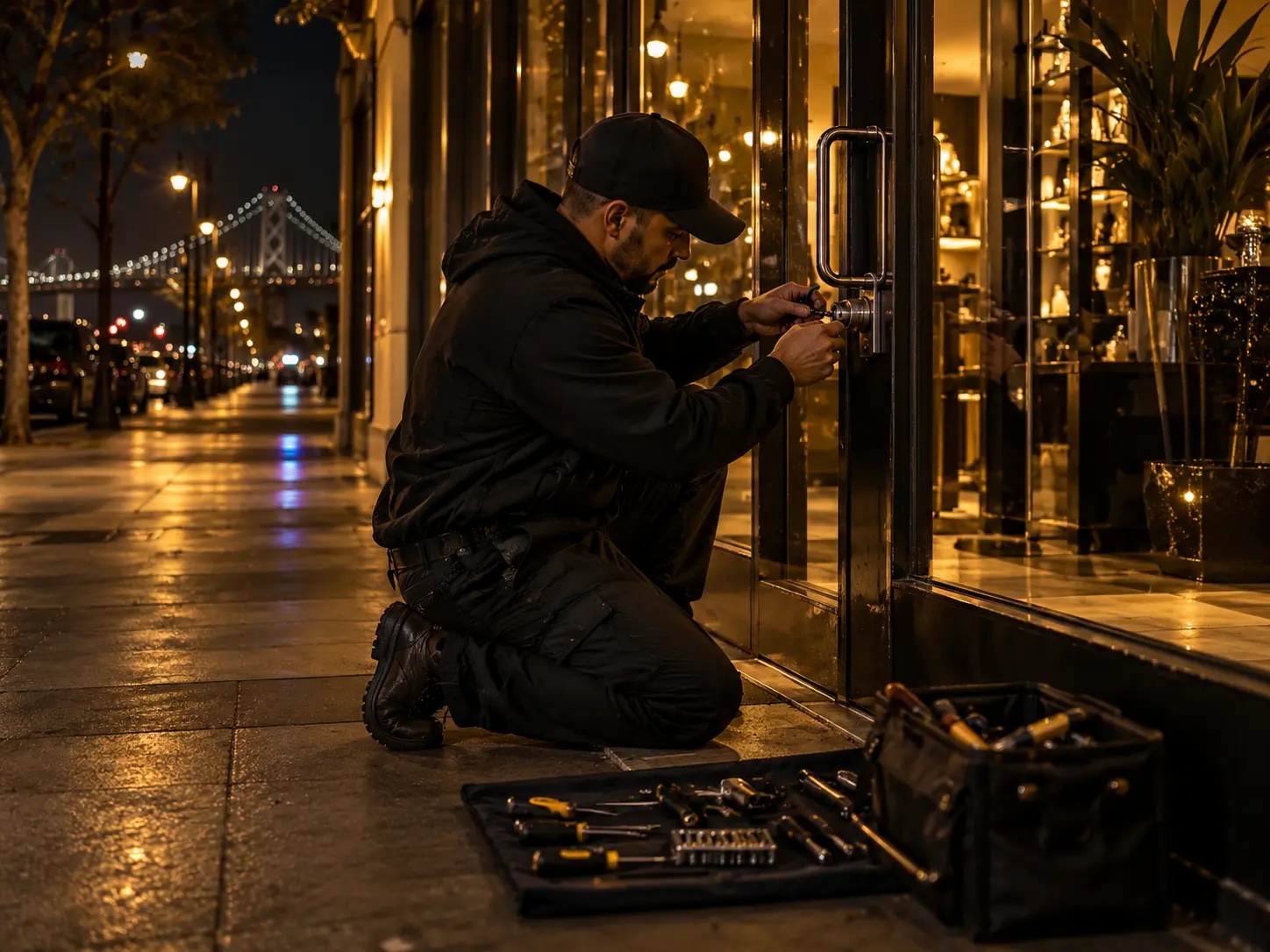 Locksmith repairing a storefront door lock at night in Oakland